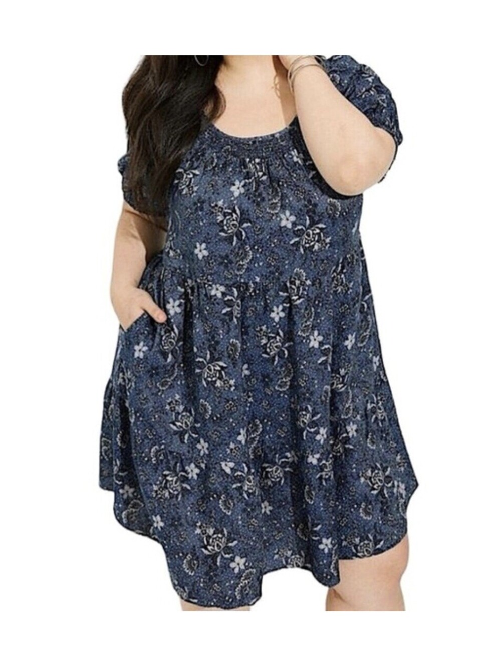 TORRID Chambray Puff Sleeve Midi Smock Floral Blue Dress Women's 1x (14-16) Plus